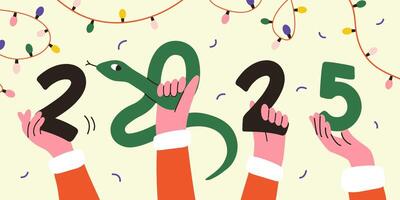Hands holding numbers 2025 and symbol of the New Year is snake. Christmas design for web, banner, greeting card. vector