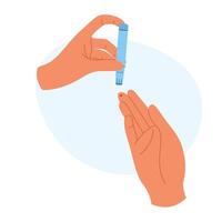 Hand pricking finger for blood test using a lancet. Personal health diagnostics vector