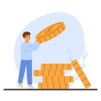 A man placing a large coin onto a growing stack of coins, symbolizing financial savings and investments vector