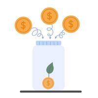 Investment growth concept with placing coins in a jar with coin tree. Financial success vector