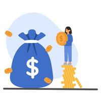 Illustration of a woman adding a big coin to a money bag. Idea of increasing financial assets vector