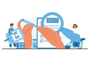 Diabetes management tools and people observing diabetic diet plan. Healthcare awareness and glucose monitoring education vector