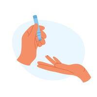 Illustration of blood glucose testing by hand, highlighting self monitoring for diabetes management vector