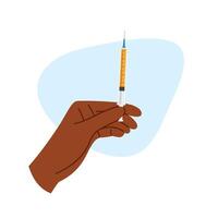 Dark skinned hand holds syringe with beauty serum. Injection procedure vector