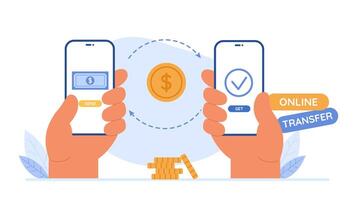 Mobile payment transfer concept with two hands holding smartphones, sending and receiving money vector