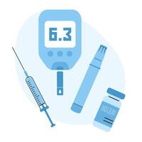 Glucose level test tools. Strip with blood drop, glucometer, syringe, insulin bottle and injection pump pen vector