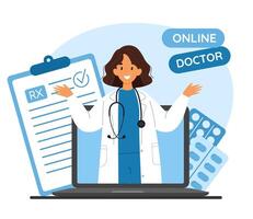 Online medical consultation concept with a doctor visible on a computer screen, surrounded by pills and medical documents vector