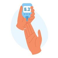 Finger pricking for glucose monitoring with glucometer. Personal health management or diagnostics vector