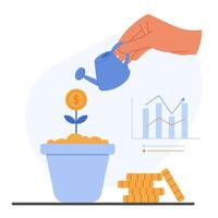Financial concept with hand watering a tree of coins. Investment, financial nurturing, and wealth vector