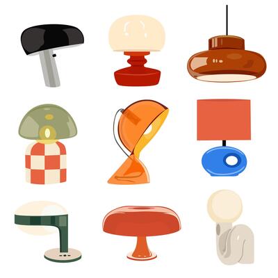 Collection of vintage home comfort items and lamps. Different interior light decor standing and hanging in modern and retro styles. Home illumination for cozy interior. Flat illustrations