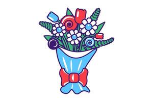 Bouquet of delightful flowers wrapped in paper stroked cartoon style vector