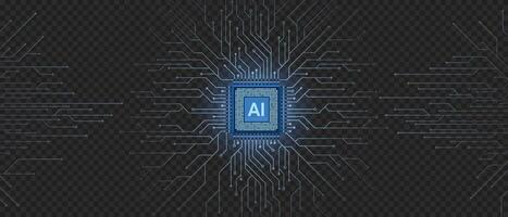 AI technology CPU chipset with printed circuit board. Printed circuit board and processor. Machine learning. Artificial intelligence web banner vector