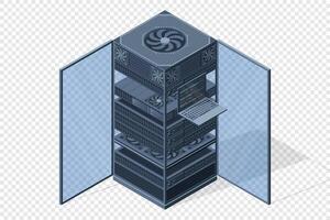 Isometric server. Server racks. Server boxes isolated. Network server room. Computer network technology. illustration vector