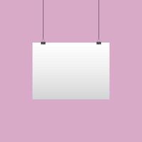 Paper hanging on clip. Poster mockup with white frame. Poster hanging on rope with clips. Realistic empty banner. illustration vector