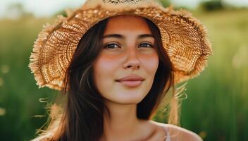 A woman wearing a straw hat in a field photo