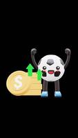 3D Soccer Ball Character Standing Next To Increasing Coin Stack Representing Business Profit Suitable For Financial Content And Business Promotions. Transparent Background. Alpha Background. video