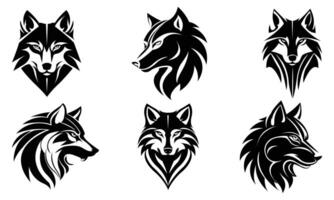 Set of wolf heads logos, graphic logos, with different angry expressions of the muzzle. Symbols for tattoos, emblems, or logos, isolated on a white background vector