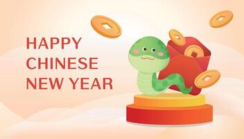 Chinese new year poster template with snake mascot, golden stage with gold coins and clouds vector