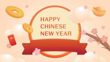 Spring plum blossoms and red round frame template for Chinese New Year advertising vector