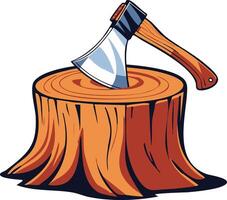 Deforestation Concept Illustration, Axe Embedded in Tree Stump vector