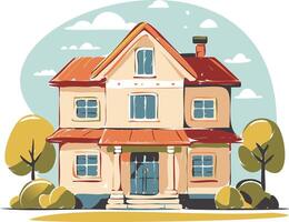hand drawn illustration of house with tree and sky vector