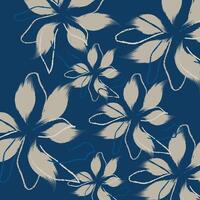 A seamless cream flowers with leaf pattern on blue background vector