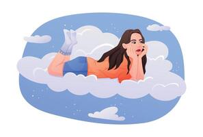 Dreamy isolated cartoon Illustration of a Girl Lying on Clouds. Whimsical and playful digital art perfect for storytelling, social media, or creative projects. vector