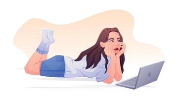 Young Woman Lying on the Floor and Using a Laptop. Relaxed and thoughtful character perfect for digital, educational, or creative concepts. isolated cartoon illustration. vector