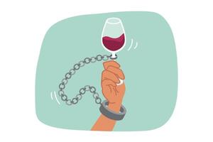 Alcohol addiction is suffered by man with glass of red wine and shackles, due to lack of willpower vector
