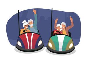 Elderly people ride on carousel in form of cars, sit in pairs and enjoy happy time vector