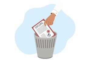 Academic diploma of education in hand of graduate throwing document from university into trash vector