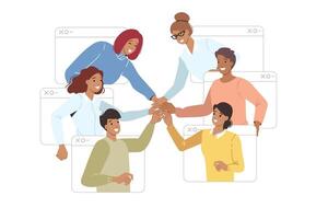 Online community of men and women holding hands, looking out of web windows and joining for synergy vector