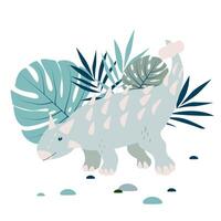 Dinosaur in armor Ankylosaurus with palm and monsterrra leaves, t shirt print design, poster, card, party invitation vector