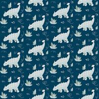 Seamless pattern with cute dino, dinosaur in armor Ankylosaurus with bushes or grass, dots and doodles, abstract children background vector
