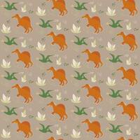 Abstract children background with cute dinos, dinosaur Spinosaurus and flying Pterodactyl, bushes or grass, dots and doodles seamless pattern. vector