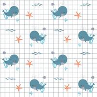 Seamless minimalist plaid cartoon pattern, summer concept, sea or ocean with whale, corals, starfishes, shells and school of small fishes. vector