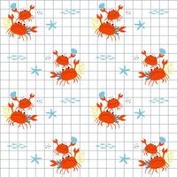 Seamless minimalist summer concept, plaid cartoon pattern, sea or ocean with crabs, corals, starfishes, shells and school of small fishes. vector