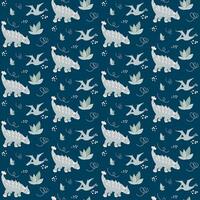 Seamless pattern with cute dinos, flying Pterodactyl and dinosaur in armor Ankylosaurus with bushes or grass, dots and doodles, abstract children background vector