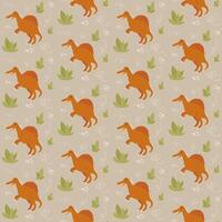 Seamless pattern with cute dino, dinosaur Spinosaurus with green bushes or grass, dots and doodles, abstract children background vector