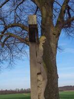 A statue of a man hanging from a tree photo
