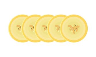 Five banana fruit slices in flat style isolated on white background. Cartoon banana vector