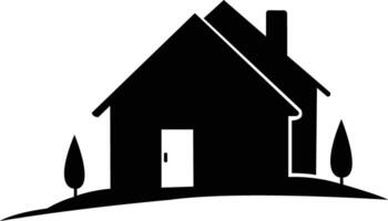Simple Black House Silhouette Icon with Trees and Hill vector