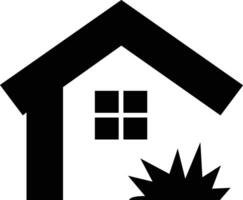 A simple black silhouette of a house with a window and an explosion symbol at the base, depicting house fire damage or emergency. vector