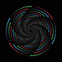 Concentric circles of red, green, and blue oblong dots spiral inward on a black background, creating a hypnotic, tunnellike effect. vector