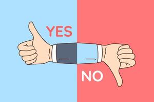 Solution is demonstrated by thumbs up or thumbs down hand gesture with yes or no written vector
