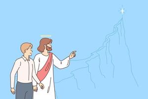 Jesus shows way to business man, helping find meaning of life and do good deeds. vector