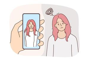 Problem of low self-esteem in upset woman standing near beautiful portrait in mobile phone vector