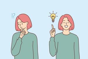 Woman rejoices at emergence of idea after brainstorming and points finger at glowing light bulb vector