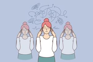 Embarrassed woman feels chaos in thoughts and grabs head with hand, trying to come to senses vector