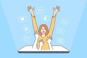 Problem digital addiction in woman drowning in smartphone screen due to passion for social networks vector